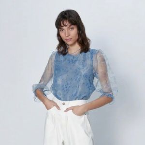 Zara Blue Floral organza blouse